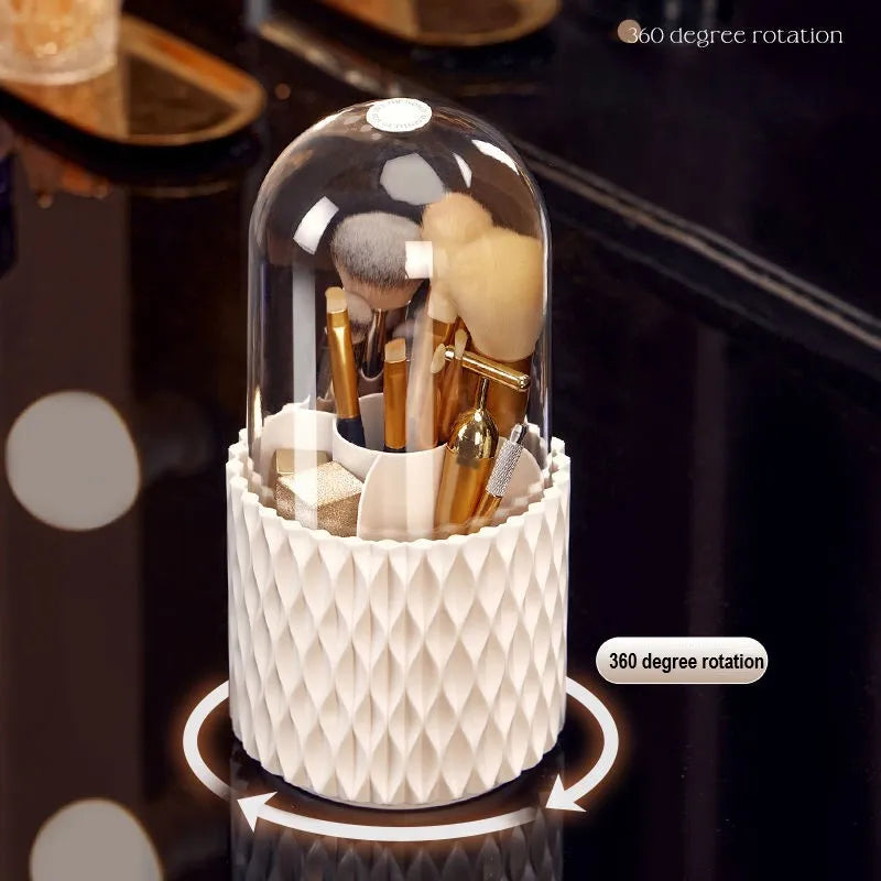 White rotating acrylic makeup brush storage box with transparent lid on desktop