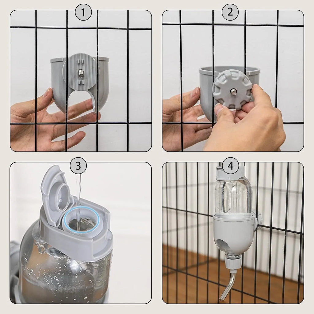 Blue pet water bottle with rotatable nozzle for small animal cages, showing 500ml capacity and stainless steel ball