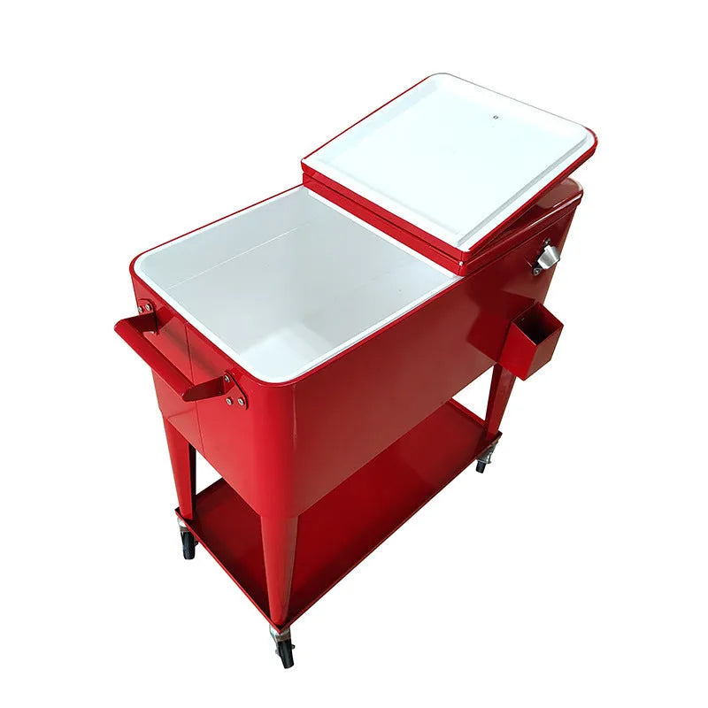 Red outdoor metal insulated trolley cart with 750ml capacity for picnics.