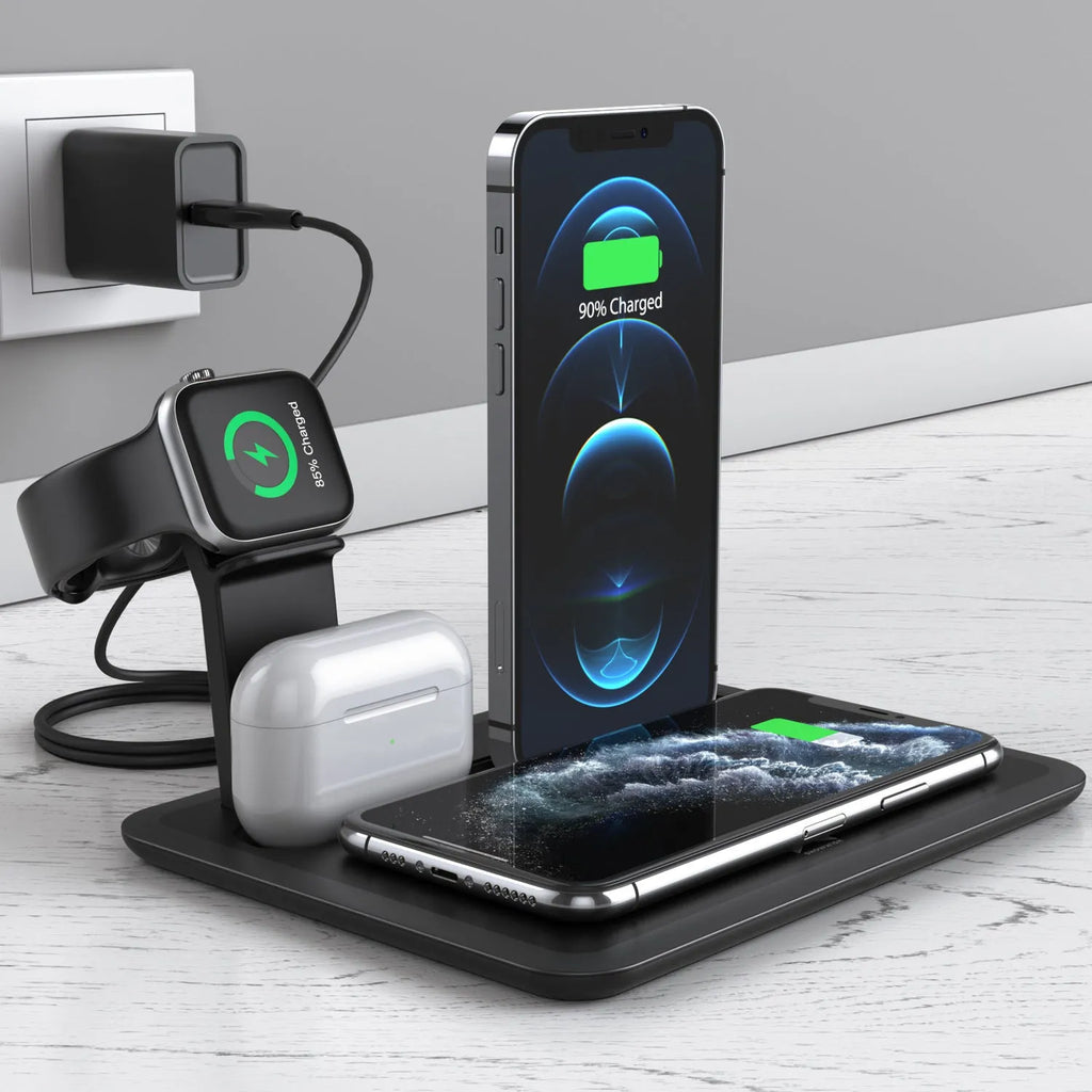 Black wireless charging station on desk with phone, watch, and headphones connected, showing 175mm size