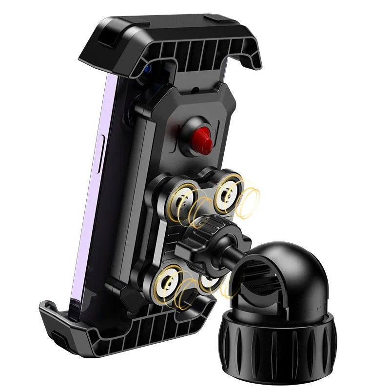 Black ABS plastic cycling phone mount on bicycle handlebars with adjustable knob.