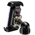 Black ABS plastic cycling phone mount on bicycle handlebars with adjustable knob.