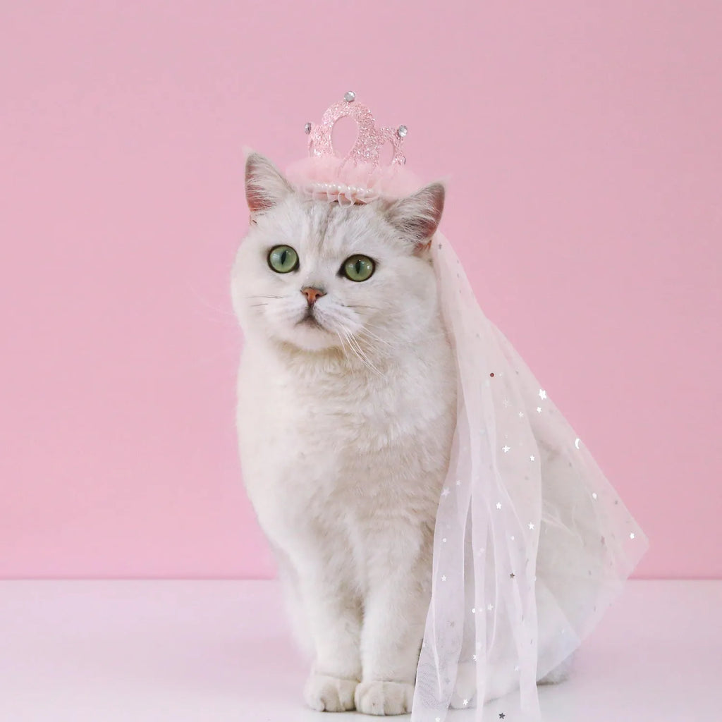 Adjustable princess crown headdress for cats with veil in beige or pink options, cotton-polyester material