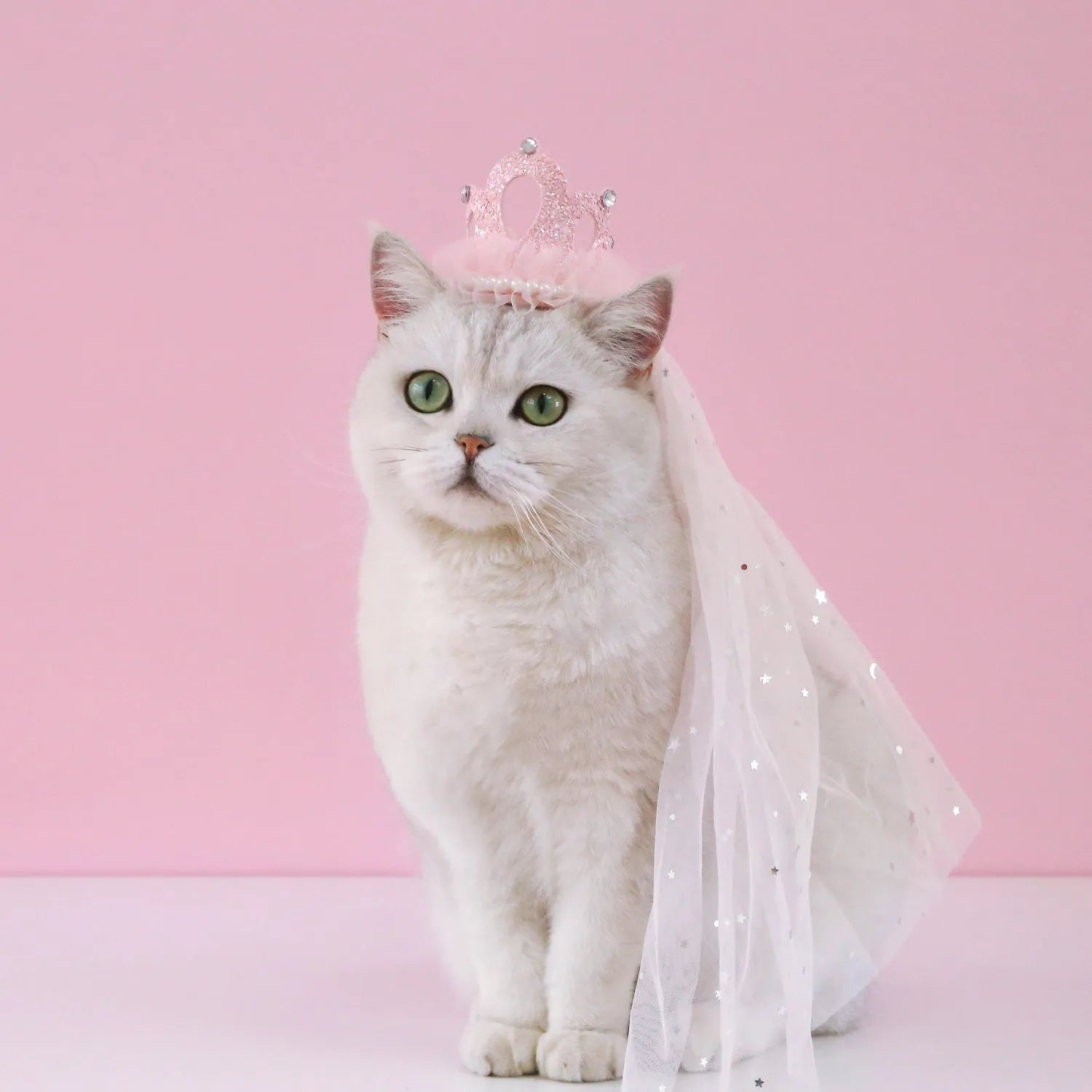 Adjustable princess crown headdress for cats with veil in beige or pink options, cotton-polyester material