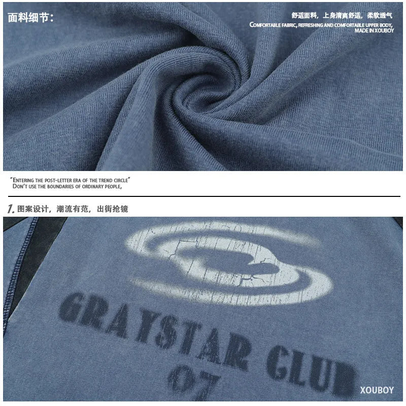 Men's blue hip hop letter print t-shirt with raglan sleeves, loose fit, on a hanger