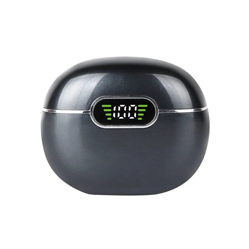 Black wireless Bluetooth earbuds with digital display charging case, 13mm drivers and IPX5 waterproof rating.