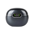 Black wireless Bluetooth earbuds with digital display charging case, 13mm drivers and IPX5 waterproof rating.