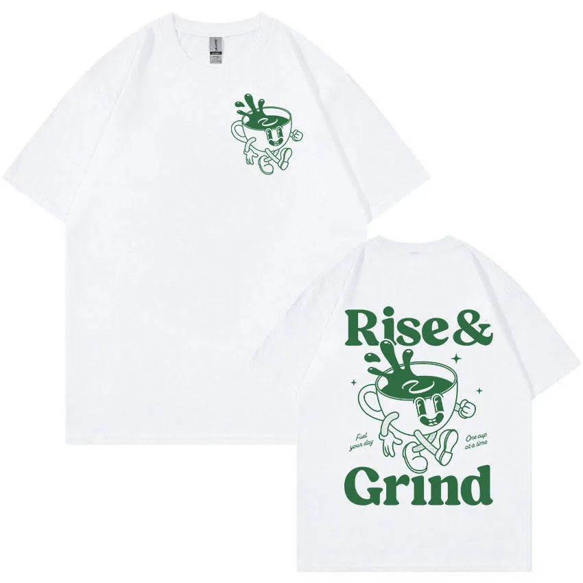 Rise And Grind Green Coffee cartoon graphic on a loose-fit linen t-shirt in multiple colours