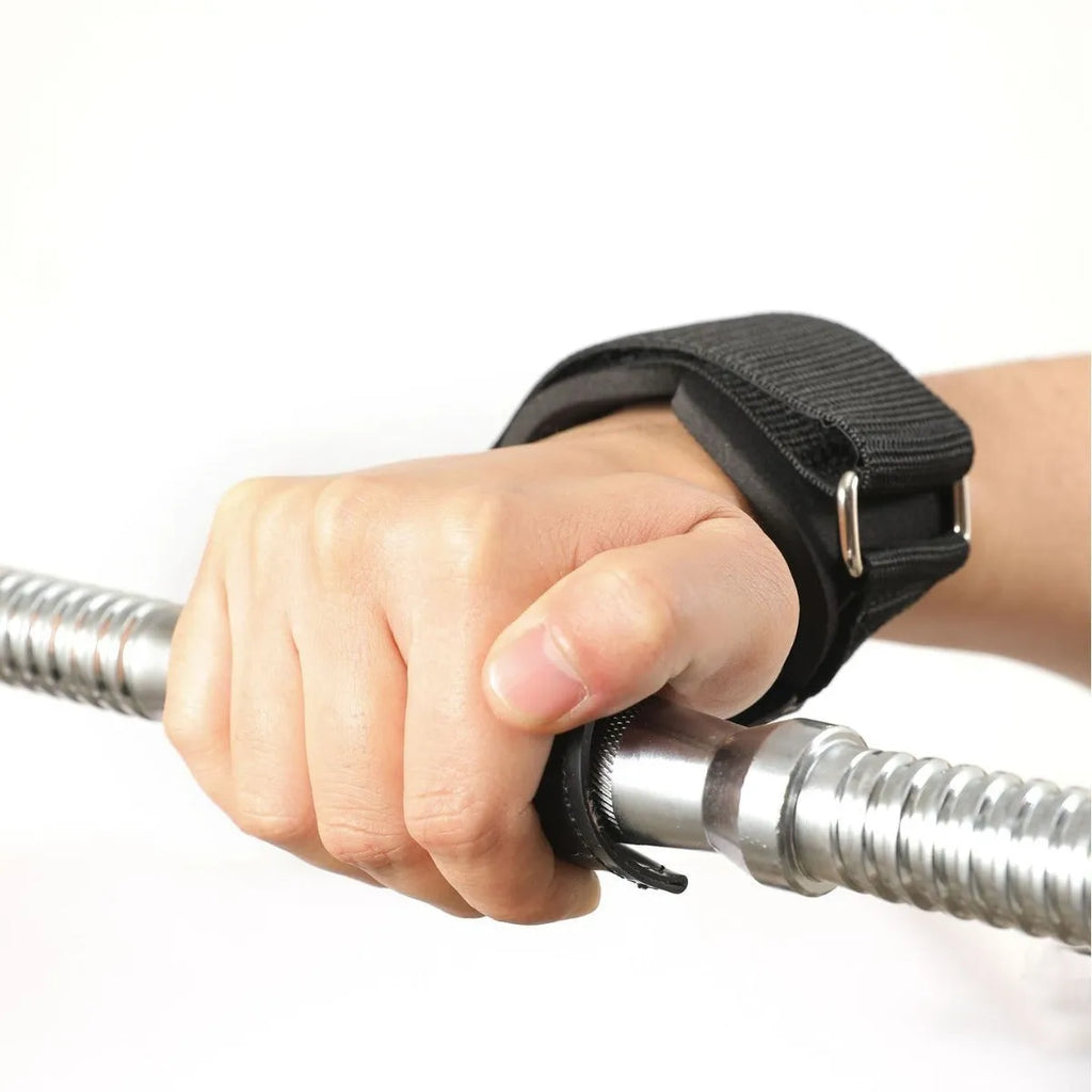 Black rubber non-slip weightlifting palm protectors with an assist belt for rock climbing.