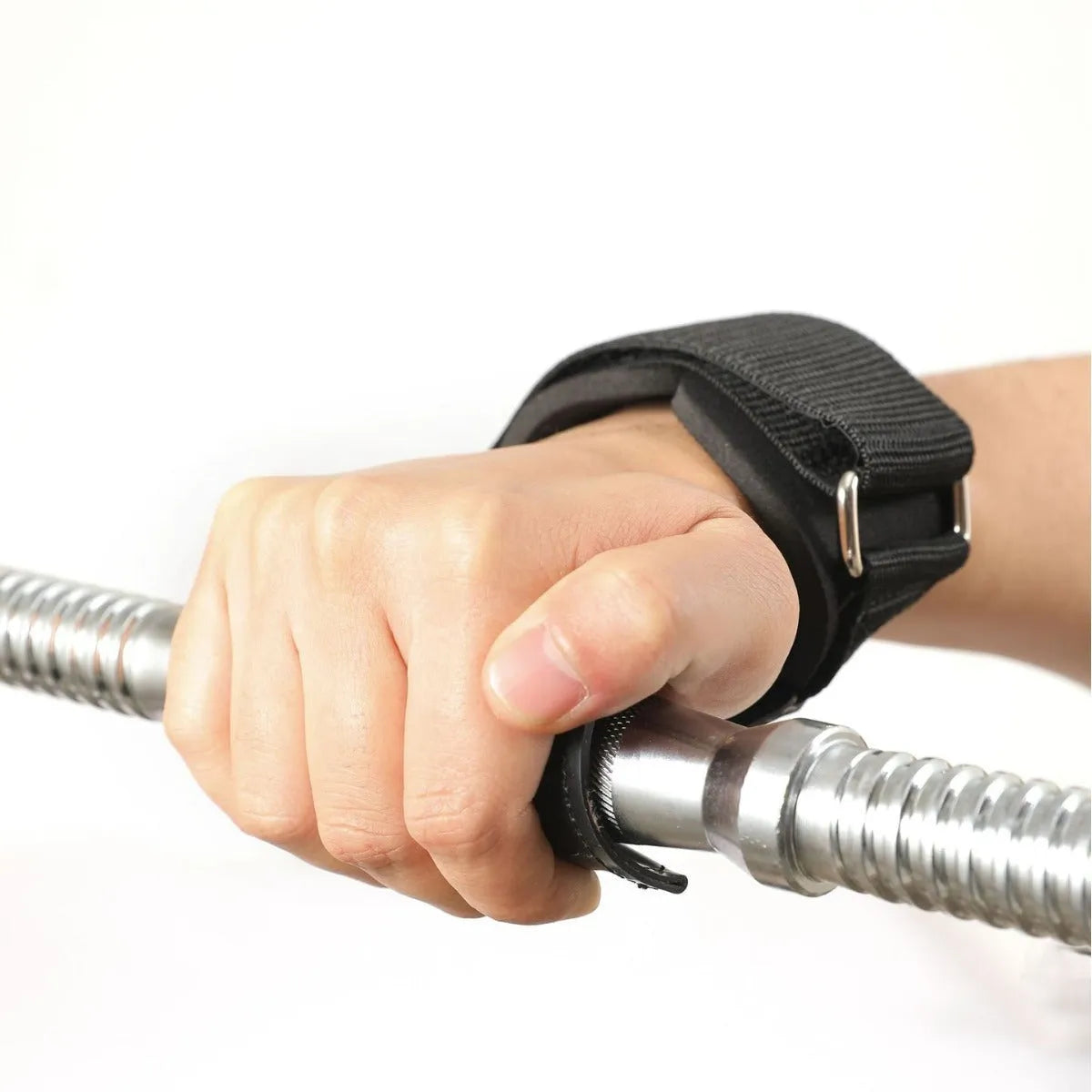 Black rubber non-slip weightlifting palm protectors with an assist belt for rock climbing.