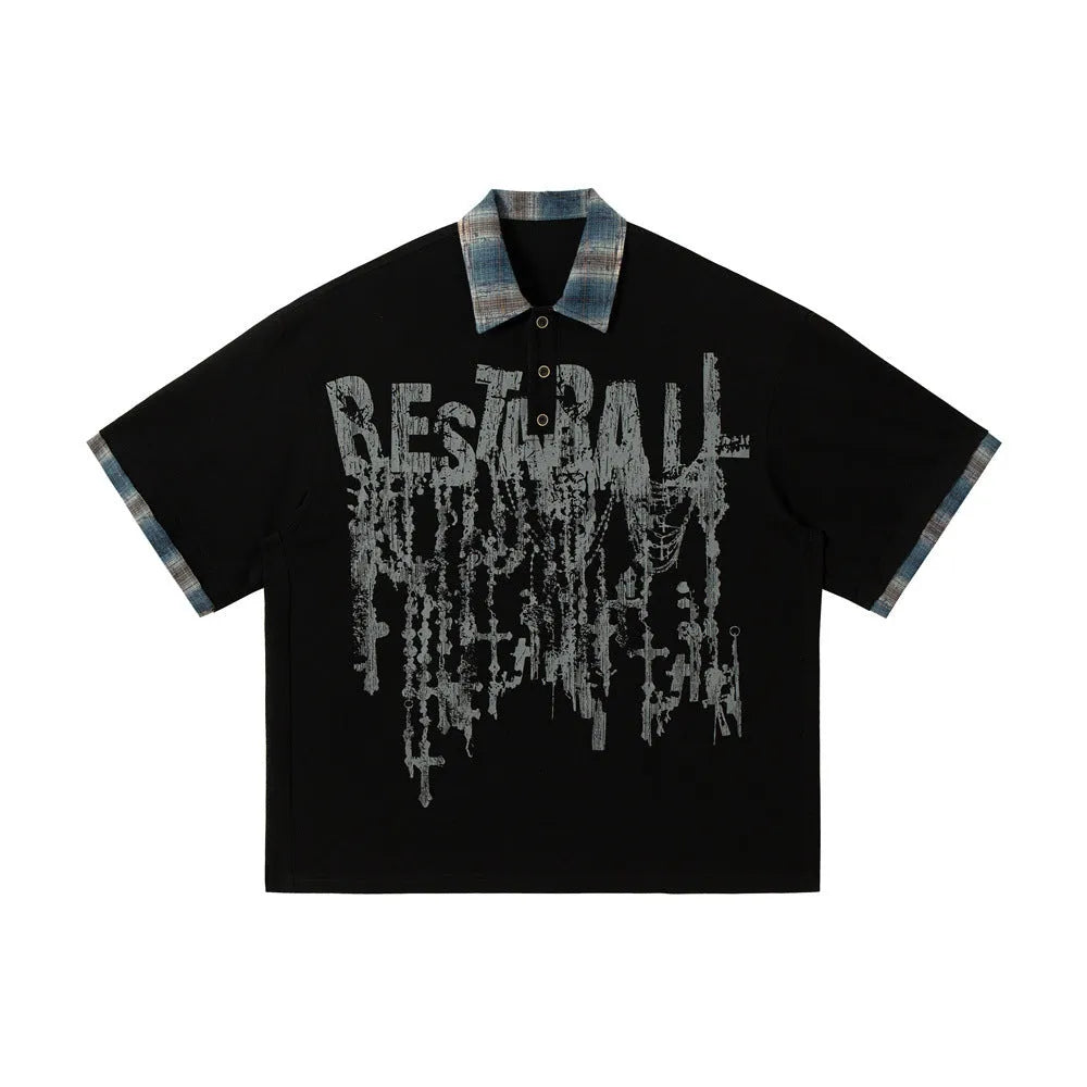Men's loose short-sleeved top with asymmetric lapel and graffiti printing in 100% cotton fabric