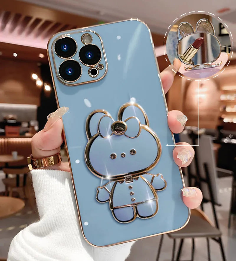 Cartoon rabbit stand mirror phone case for Apple iPhone, TPU electroplated anti-fall cover, pink bracket
