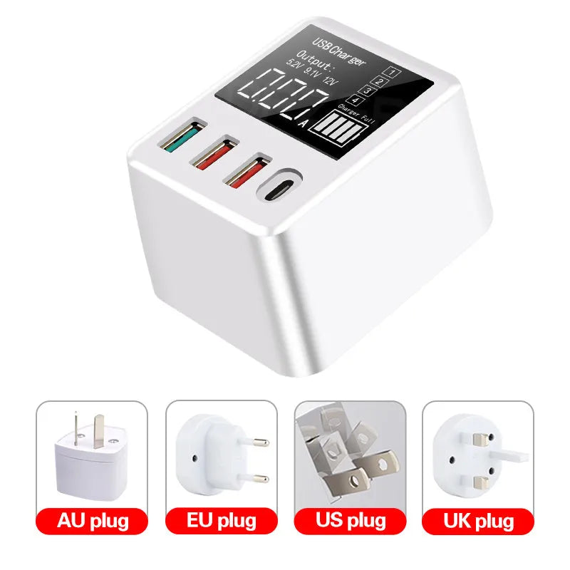 White 4-port travel fast charger with QC3.0 and Type-C ports measuring 80x48x65mm