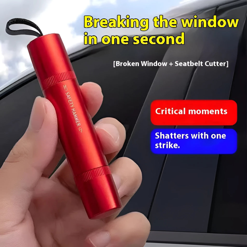 Black and red ABS plastic car safety life hammer with pointed glass breaker and seatbelt cutter