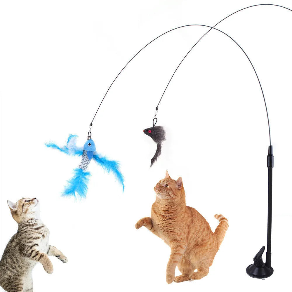Sucker cat teaser toy with PP body, steel wire wand and replaceable multi-head in blue flying fish, grey strip, grey mouse and green feather options