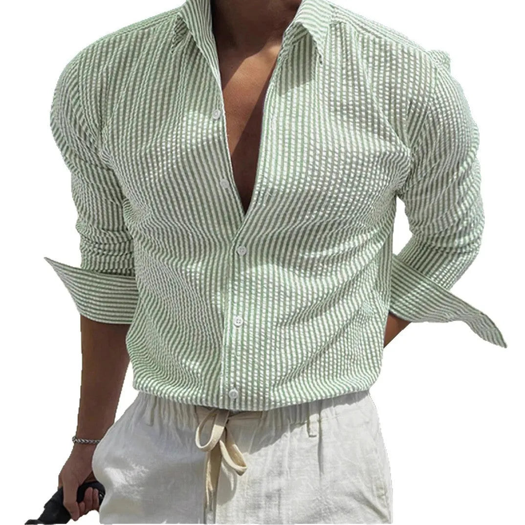 Blue striped long sleeve shirt with a cardigan lapel collar on a hanger