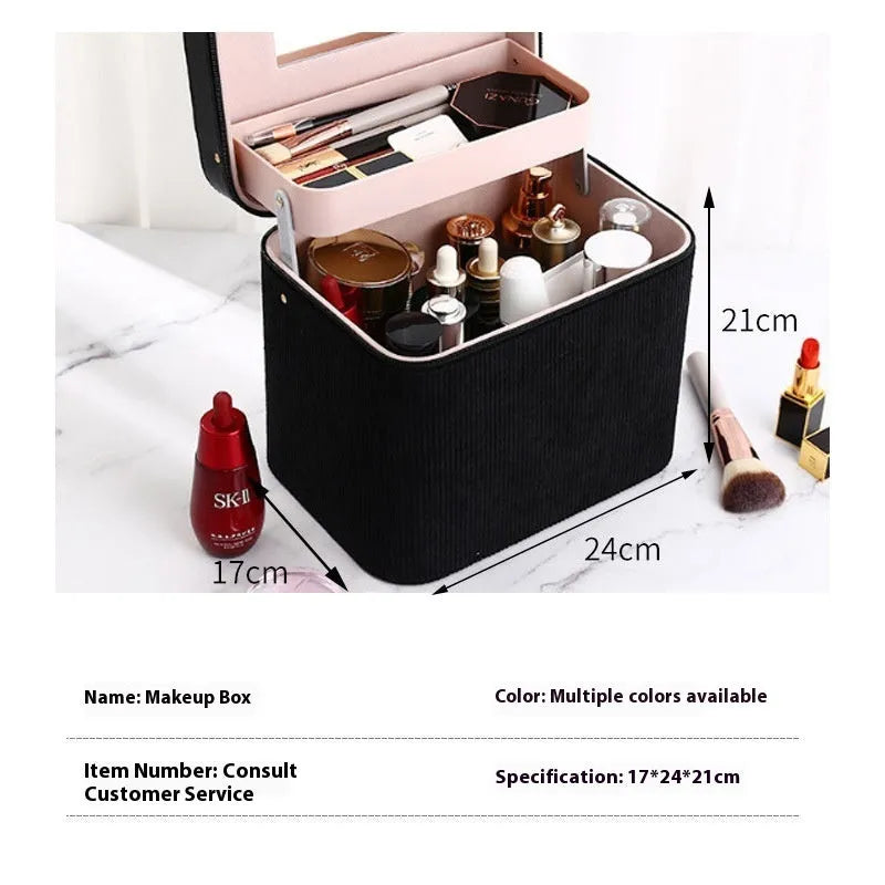Corduroy cosmetic storage box with 30cm width, 20cm height, and 15cm depth dimensions in solid colour option