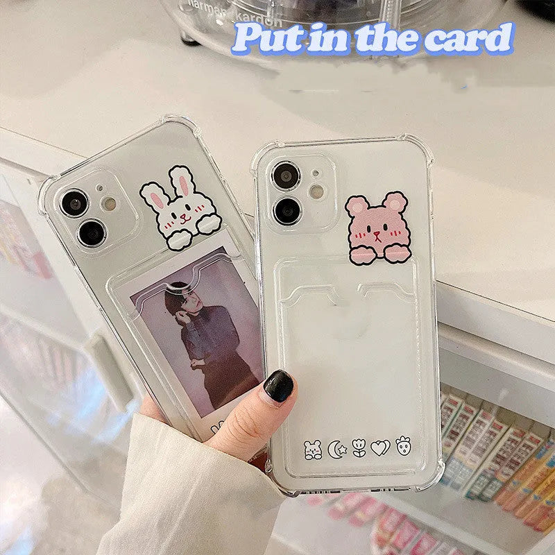 Cartoon Transparent Card Case Phone Case for iPhone with TPU material and card holder on back