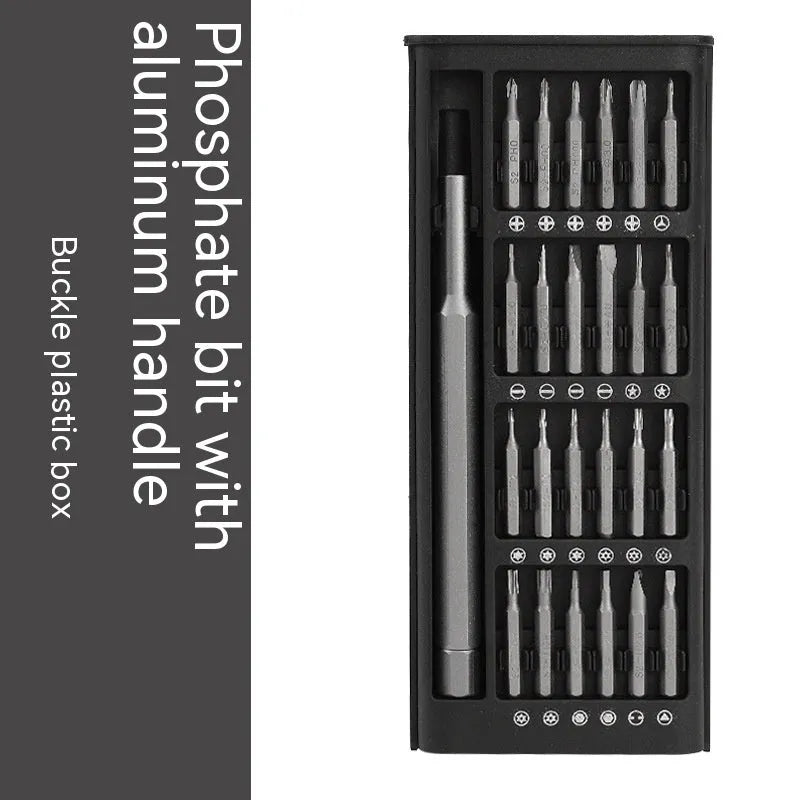 24-in-1 precision magnetic screwdriver set with aluminium handle and selection of 4mm bits.