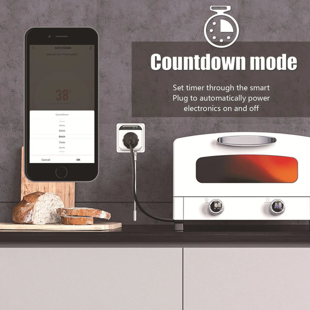 White Tuya WiFi smart temperature control socket with US plug and temperature sensor probe