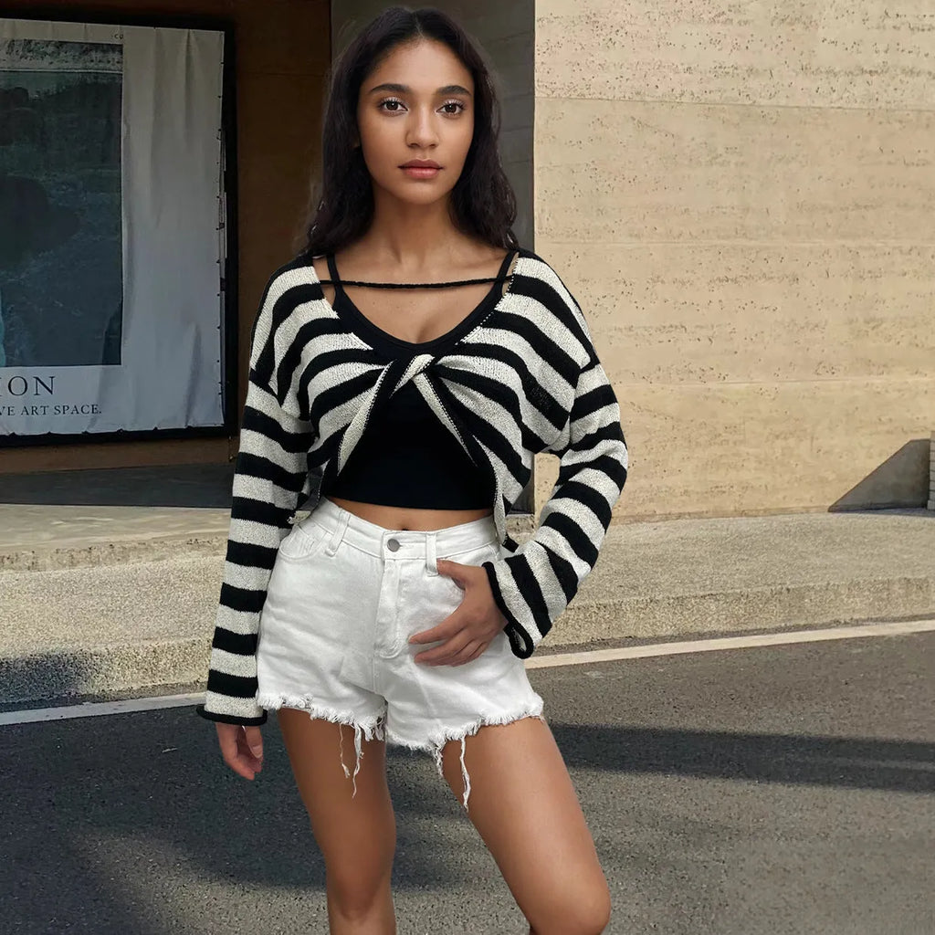 Striped long-sleeved mercerised cotton sweater with exposed navel detail in multiple colour options