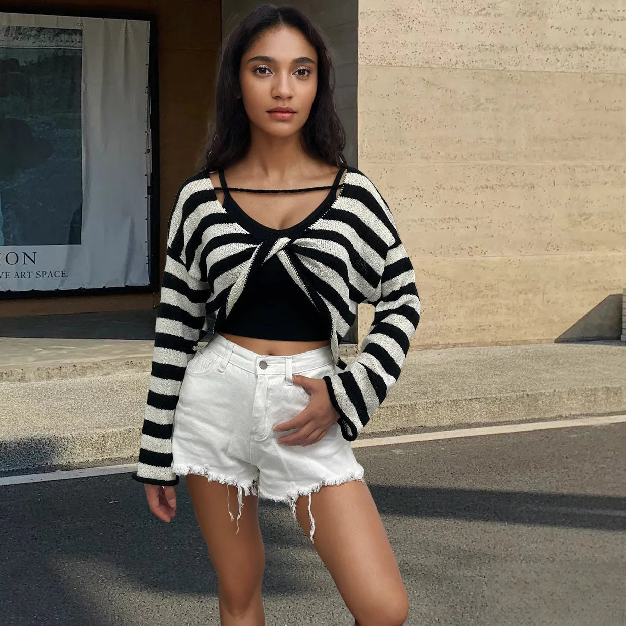 Striped long-sleeved mercerised cotton sweater with exposed navel detail in multiple colour options