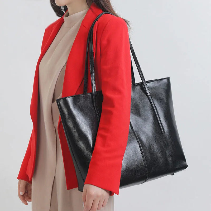 Women's genuine cowhide leather shoulder bag with horizontal square design and multiple compartments