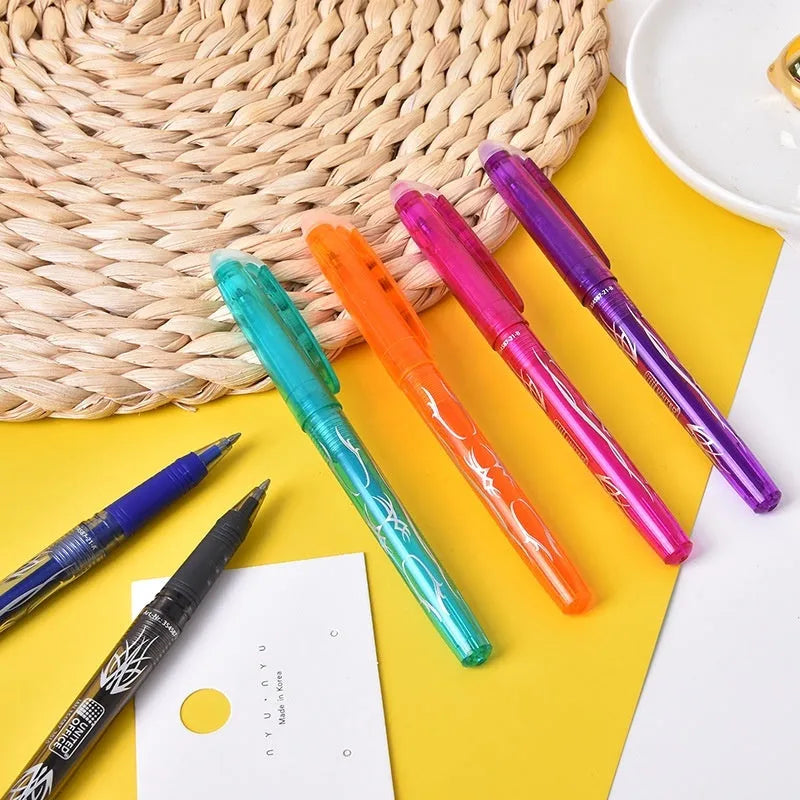 Hot erasable gel pen set with plastic shells and stainless steel nibs in 0.5mm or 0.7mm sizes, available in 12 or 8 colour packs