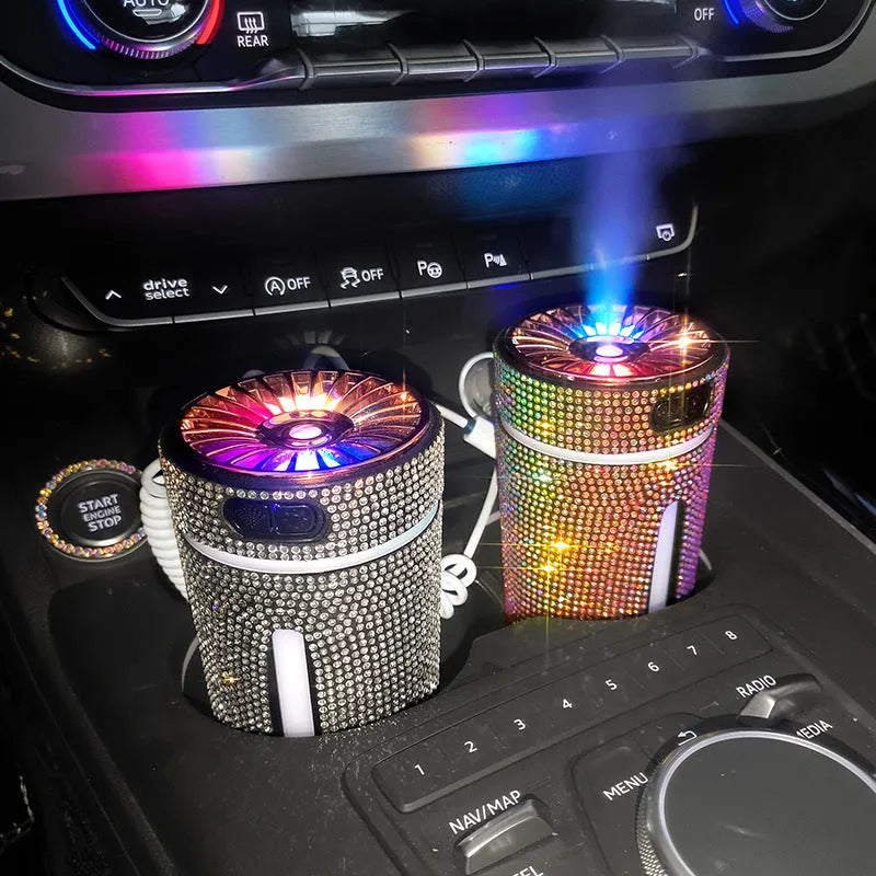 Compact diamond pattern car humidifier with colourful LED lights and USB cable for vehicle or desktop use