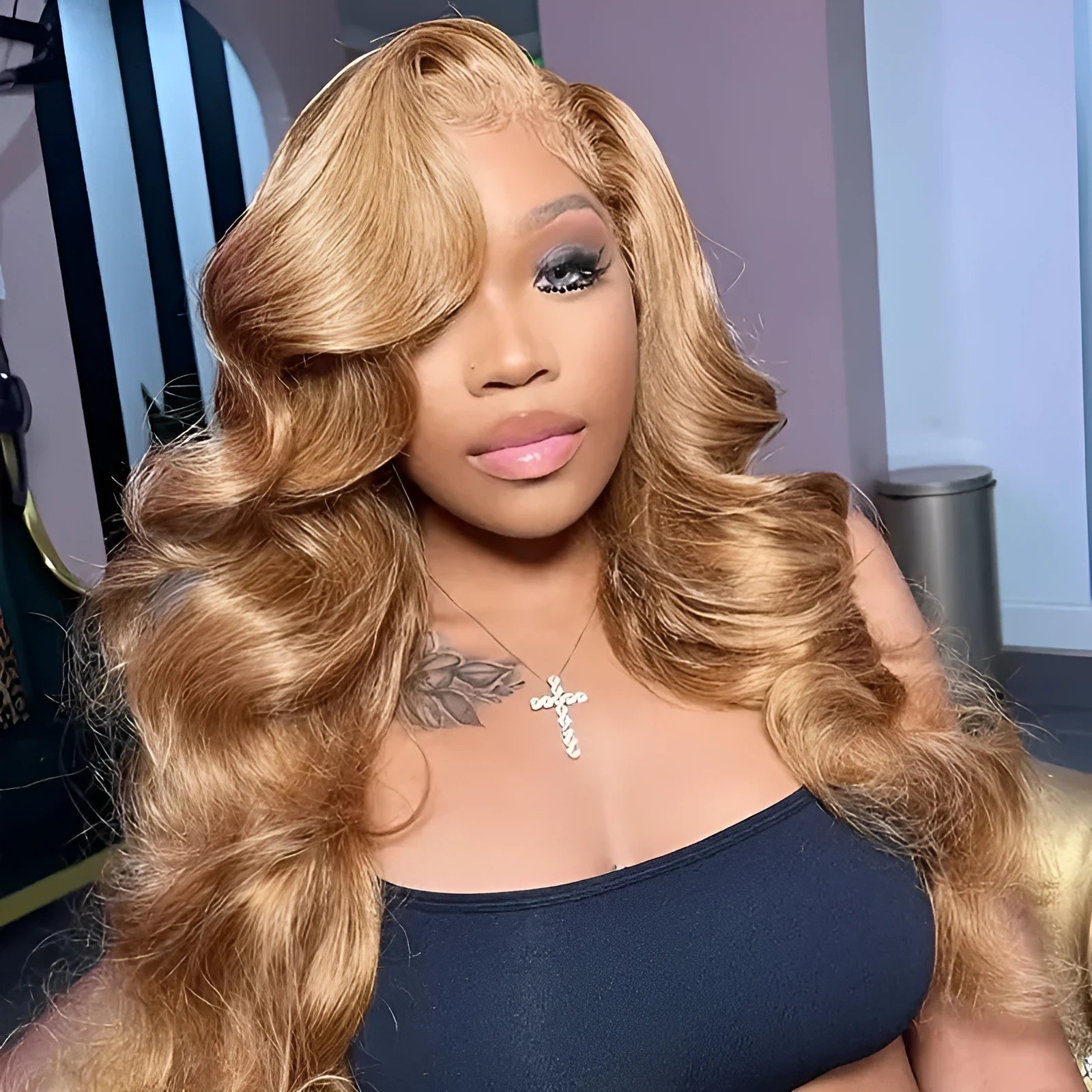 Golden big wave synthetic wig with long curly hair and side bangs in light brown colour