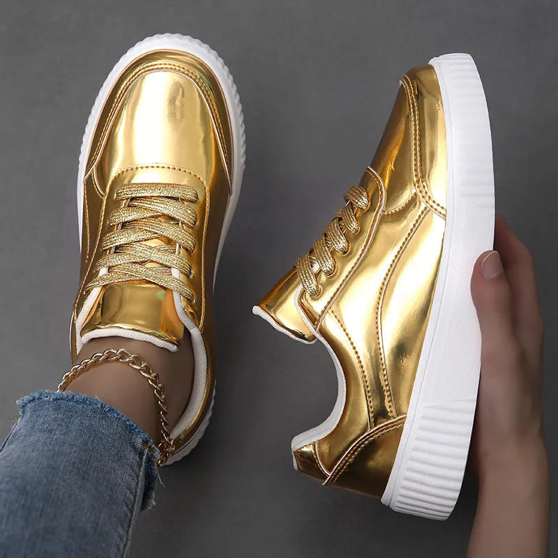Rose gold and gold sequin platform sneakers with thick MD sole and stitching detail.