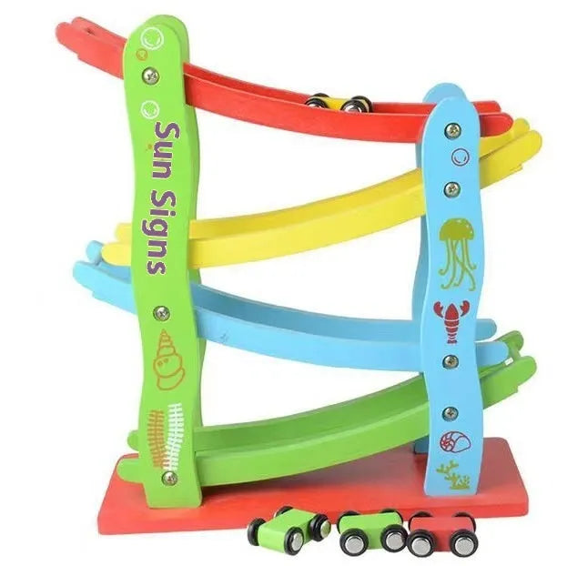 Children's wooden multi-layer gliding car track toy for ages 4-6 with colourful sliding car and track pieces