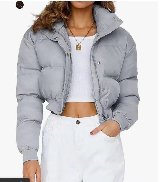 Blue loose-fit polyester jacket for women with long sleeves, shown alongside grey, black, and beige colour options.