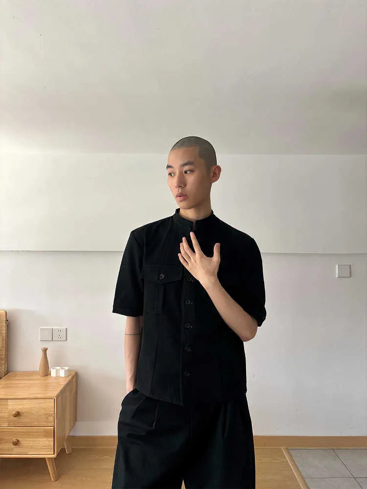Handmade red eye hunting suit half sleeve shirt in black, loose fit with shirt collar and single-breasted placket