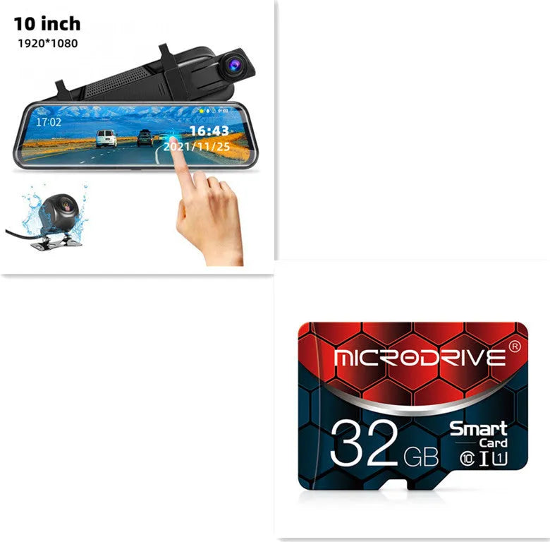 Black 10-inch rear view mirror dash cam with dual recording, 170-degree angle, and touch screen