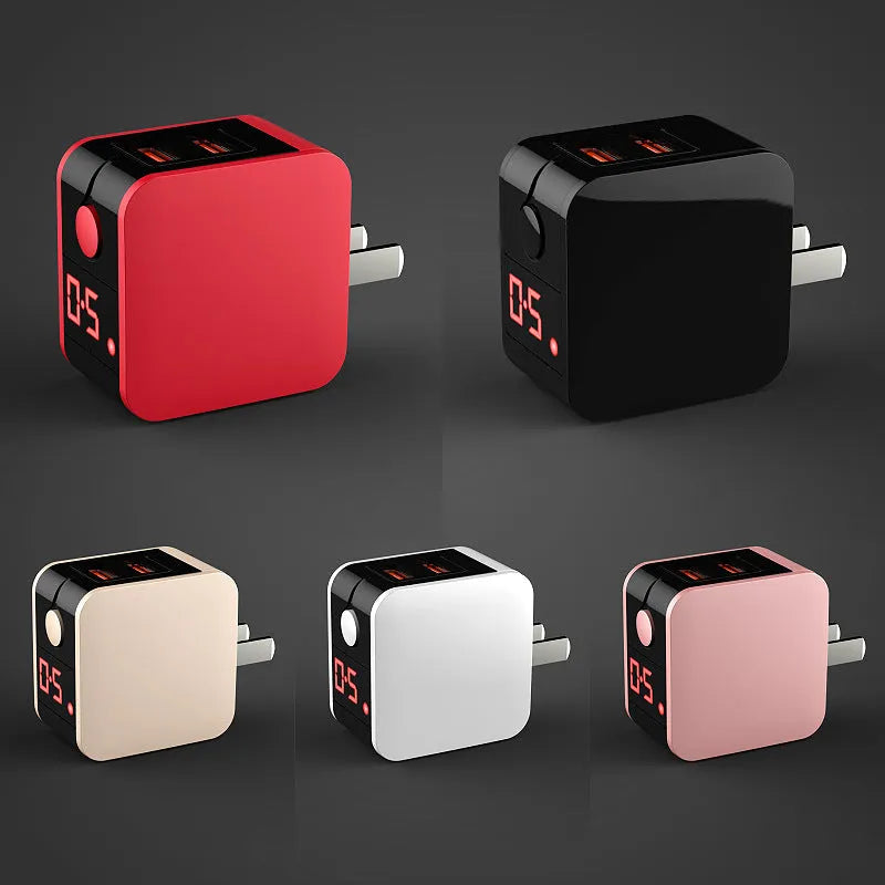 5V2.4A dual USB travel charger with digital display showing charging parameters, compact black design with regional plug