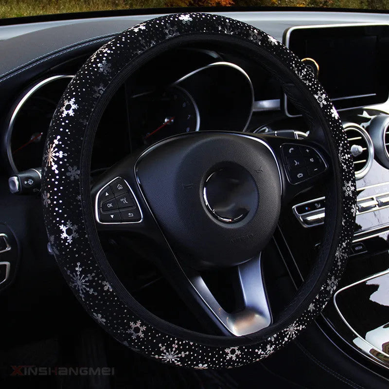 Gilded snowflake car steering wheel cover in Snow Blue, universal 37-38cm, all-season Korean flash gold style