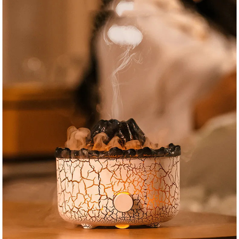 Volcanic humidifier diffuser with colourful flame effect mist and LED lighting