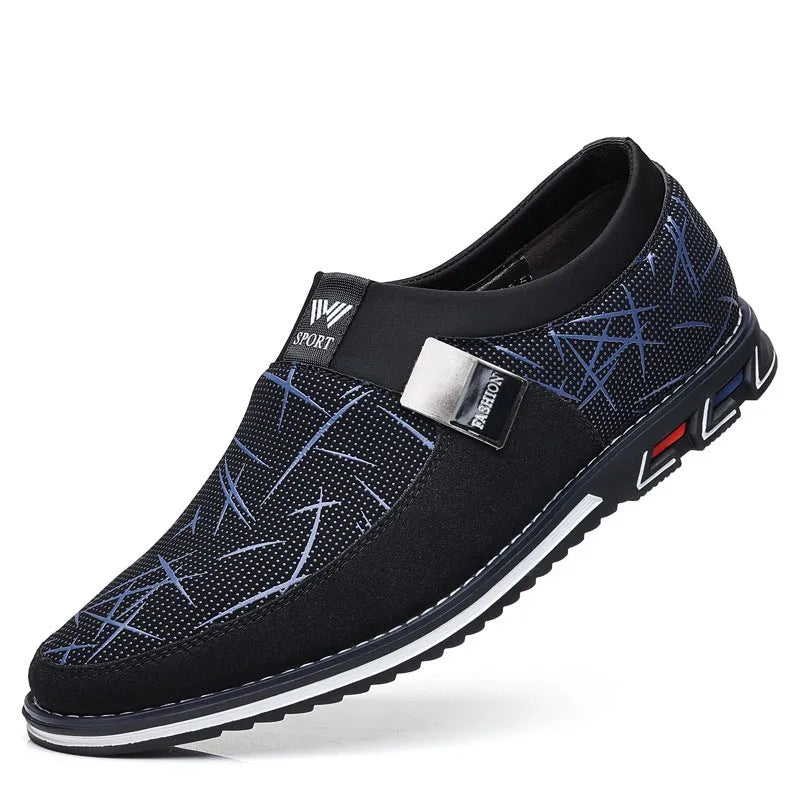 Men's grey and white square toe casual shoes with a low-top synthetic leather upper and flat rubber sole.
