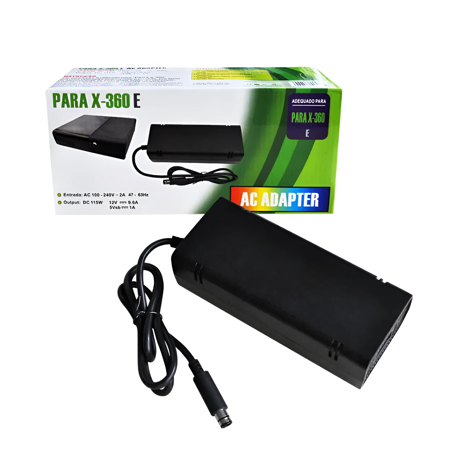 Black XBOX 360E AC power adapter with cable, compatible with multi-region consoles.