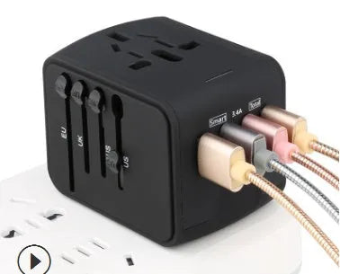 Universal travel adapter with 4 socket holes, 66 x 53 x 52mm, 1500W, PC shell, black blue or green