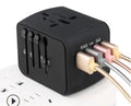 Universal travel adapter with 4 socket holes, 66 x 53 x 52mm, 1500W, PC shell, black blue or green
