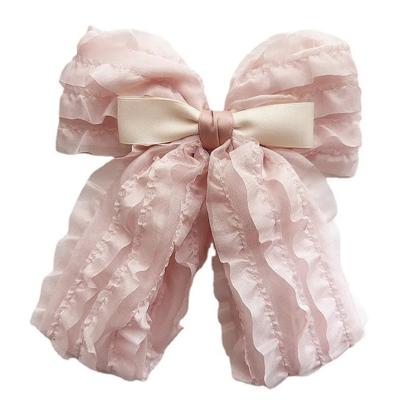 Children's pink retro bow hair clip with cloth ribbon bow and press clip for girls' hair