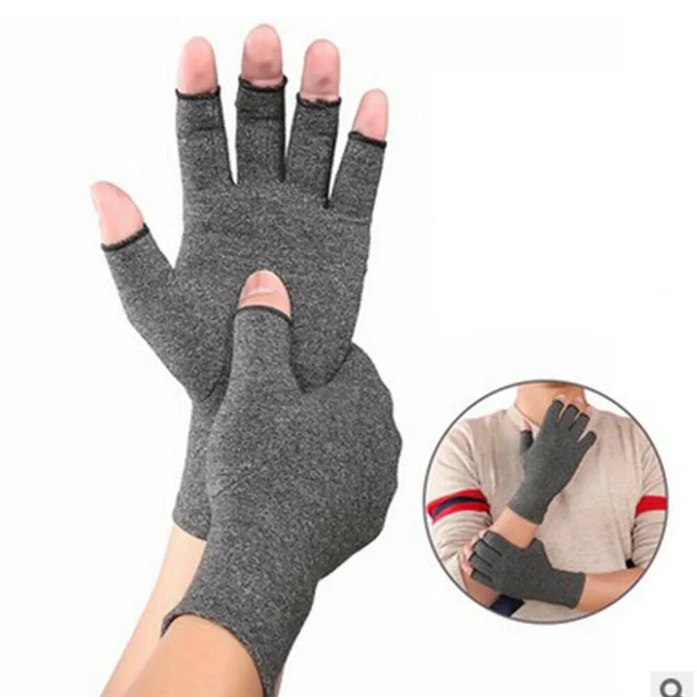 Gray joint compression gloves with anti-slip silicone grips and half-finger design for arthritis support