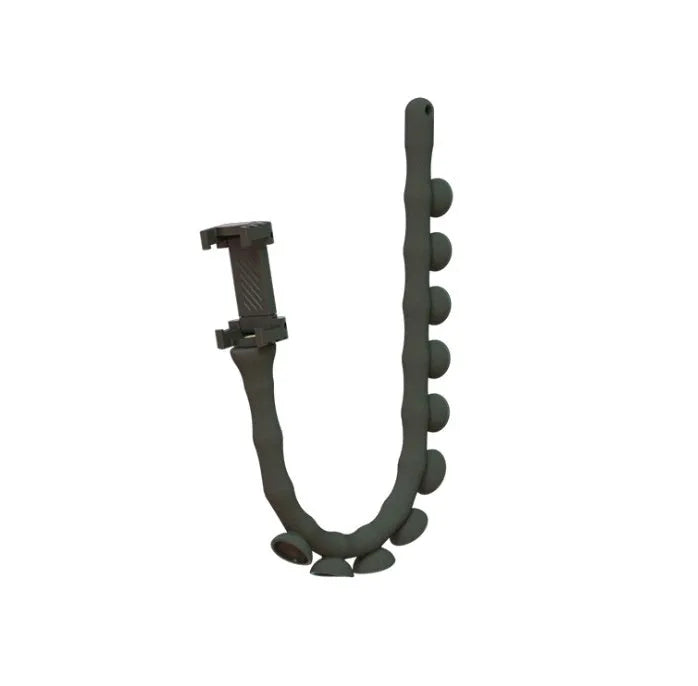 Black flexible phone holder with 62cm gooseneck arm and silicone bracket on a desktop