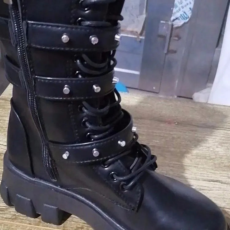 Women's black mid-calf knight boots with metal buckle and side zipper, round toe design on viscose sole