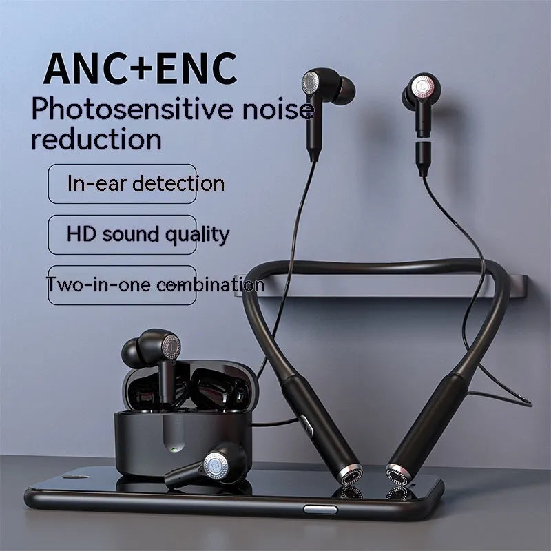 Black plastic in-ear Bluetooth sports headset with halter design, ANC, and 15 metre range