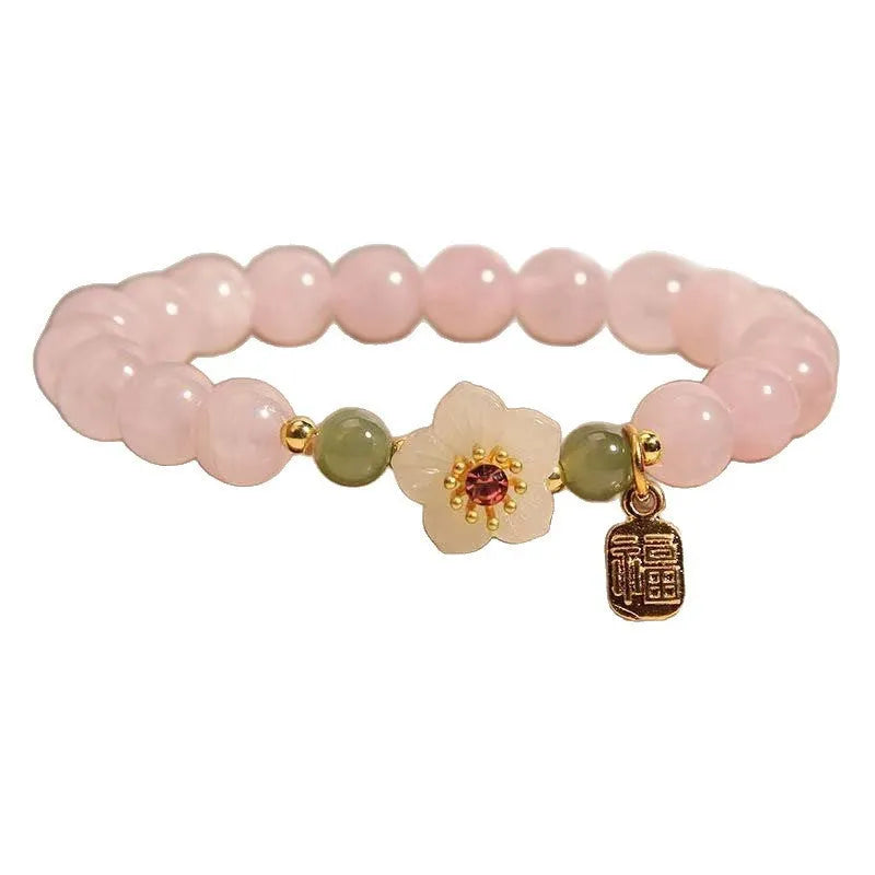 Crystal and Hetian jade beaded bracelet with peach blossom and camellia pastoral design in blessing card colour