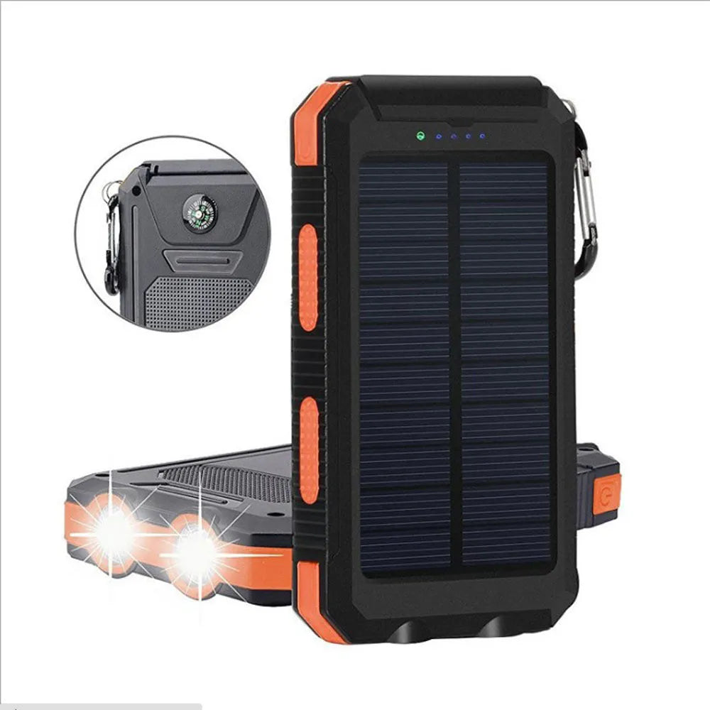 20000mAh solar power bank with compass and dual LED headlights in black, black-blue, or black-orange