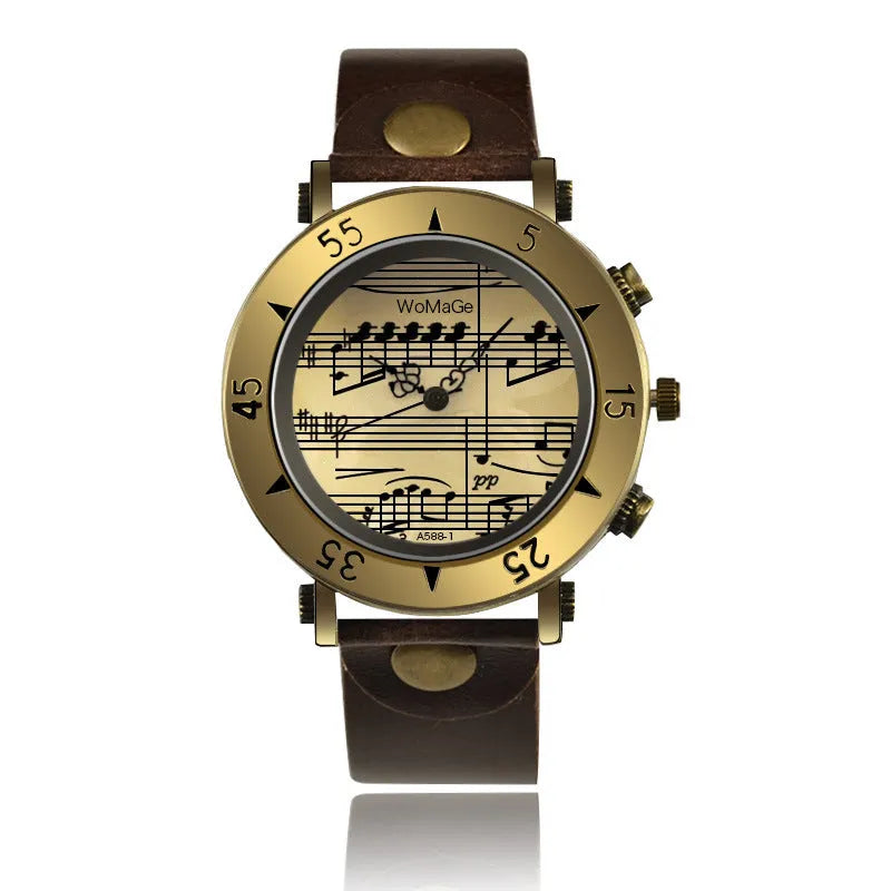 Men's fashion watch with musical notation symbols on the dial, shown in multiple colour options.